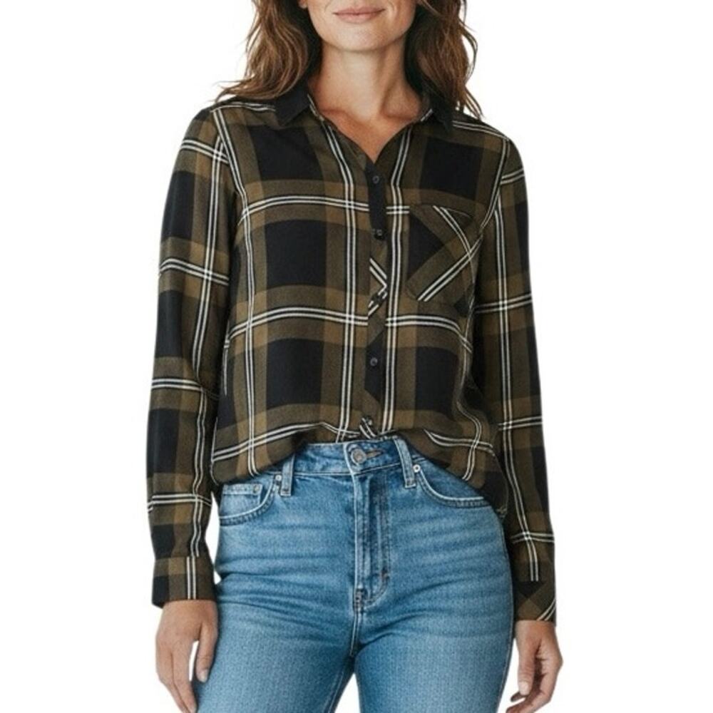 BeachLunchLounge XS Plaid Button Down Shirt 100% Rayon Long Sleeve Top